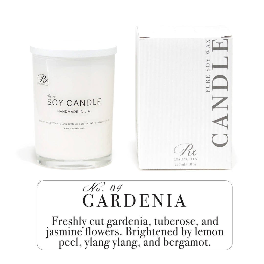 Experience the elegance of GARDENIA, a hand-poured luxury candle with a bouquet of tropical white florals, including gardenia, tuberose, and jasmine. Brightened by fresh notes of lemon peel, ylang-ylang, and bergamot, this candle fills your home with a clean, sophisticated aroma."

**SEO Tags:**  
- Gardenia candle fragrance  
- luxury floral candle  
- tropical white florals candle  
- gardenia tuberose jasmine scent  
- fresh floral soy wax candle  
- hand-poured gardenia candle  