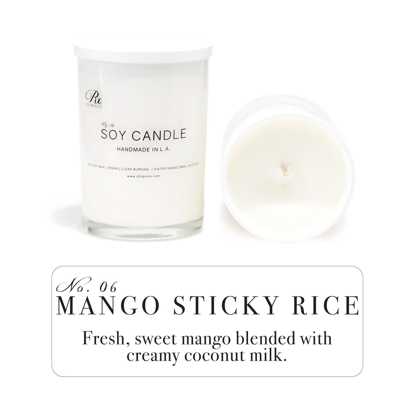  - Mango Sticky Rice candle  
- tropical fruit candle  
- mango pineapple orange fragrance  
- coconut milk and sugar candle  
- hand-poured luxury candle  
- fruity and sweet soy wax candle  
- tropical dessert-inspired scent  
white glass candle nuetral home decor