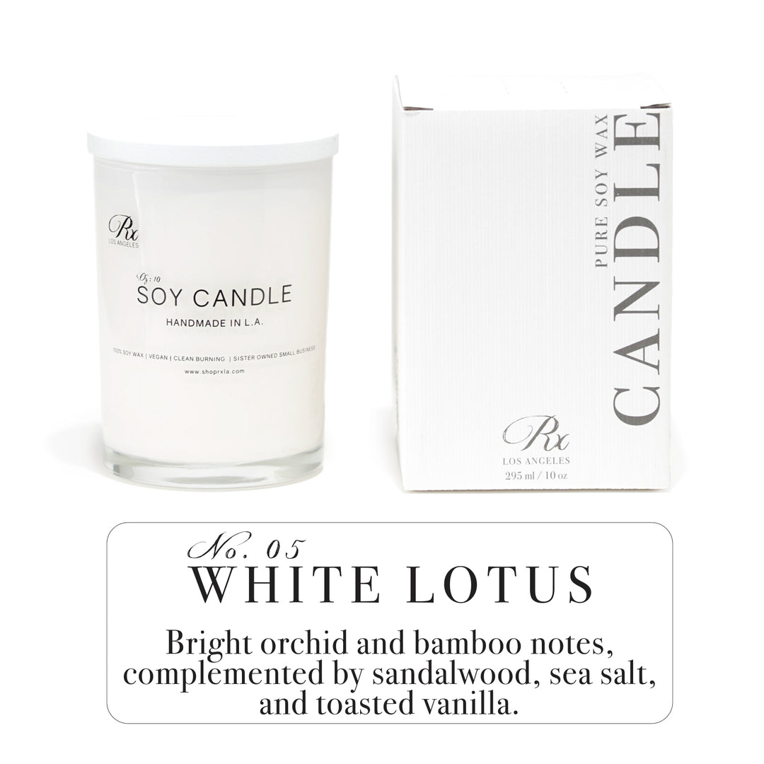 Hand-poured candle in a white jar with black text, featuring an aesthetically pleasing design. WHITE LOTUS hand-poured luxury candle featuring notes of orchid, bamboo, sandalwood, sea salt, and toasted vanilla. Inspired by the hit HBO show and The Four Seasons Hotels, offering an elegant tropical ambiance.