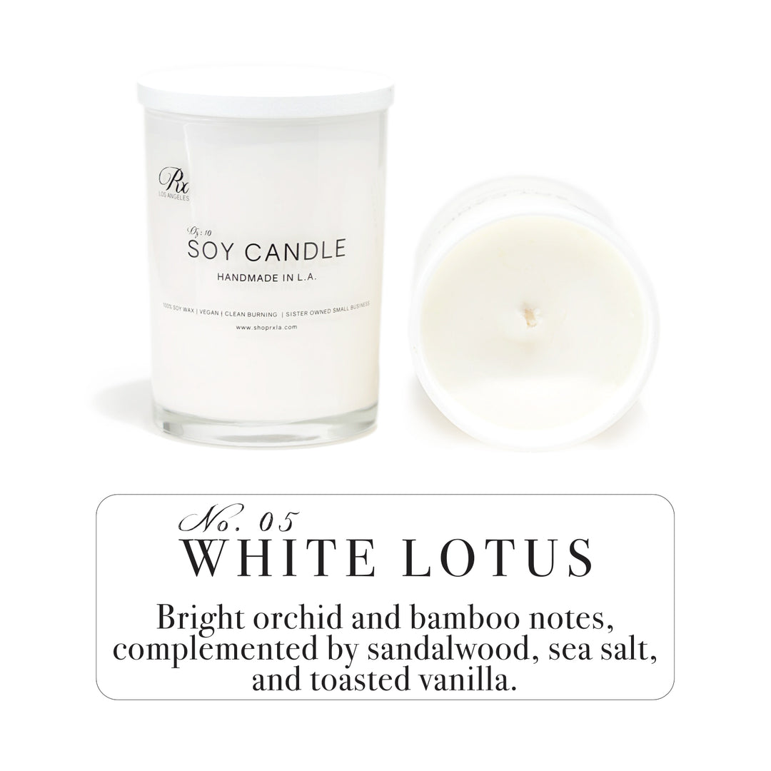 Hand-poured candle in a white jar with black text, featuring an aesthetically pleasing design. WHITE LOTUS hand-poured luxury candle featuring notes of orchid, bamboo, sandalwood, sea salt, and toasted vanilla. Inspired by the hit HBO show and The Four Seasons Hotels, offering an elegant tropical ambiance.