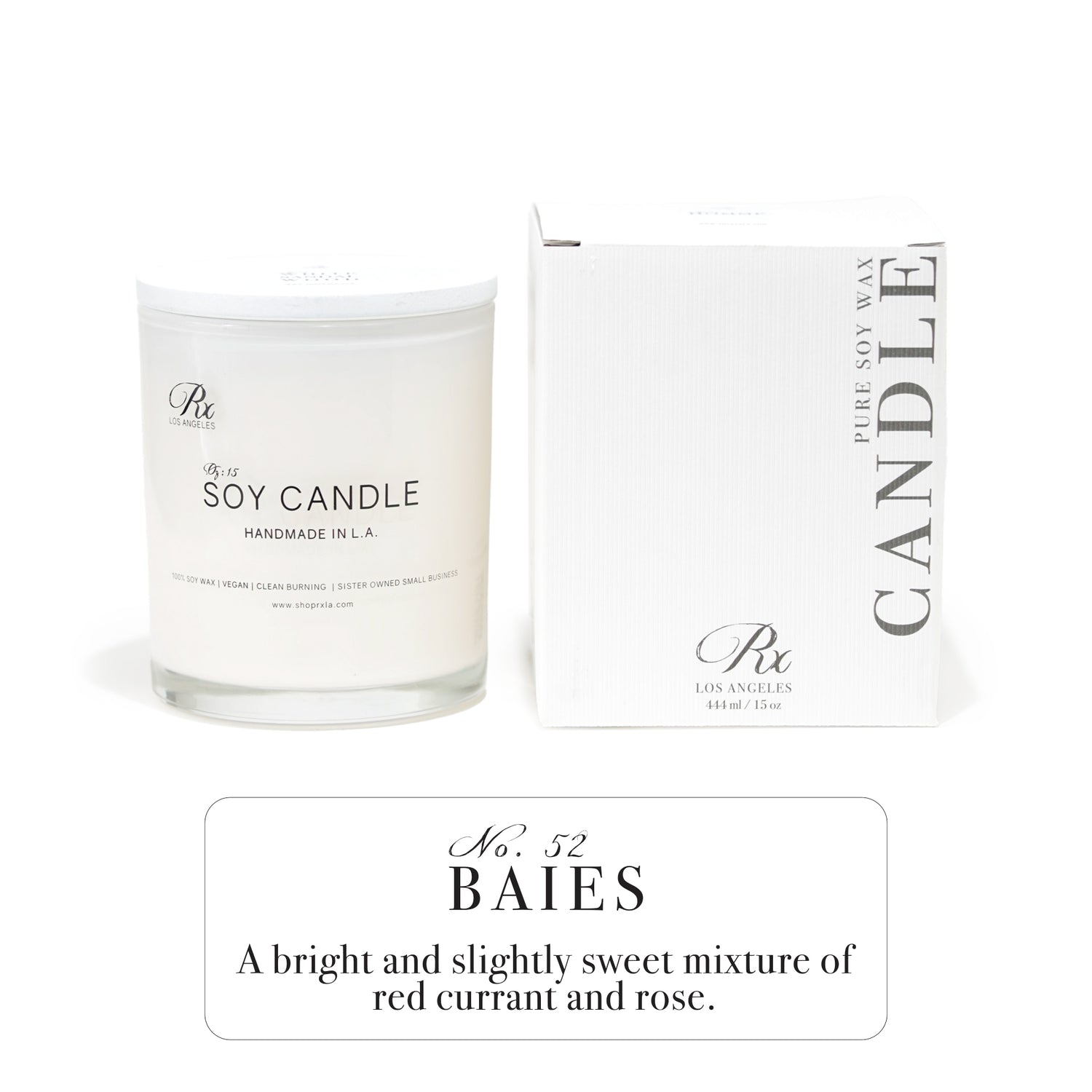 RXLA Baies hand-poured soy candle in a 15oz white glass jar—double cotton wick, non-toxic, with a refreshing blend of blackcurrant, rose, and green notes.
