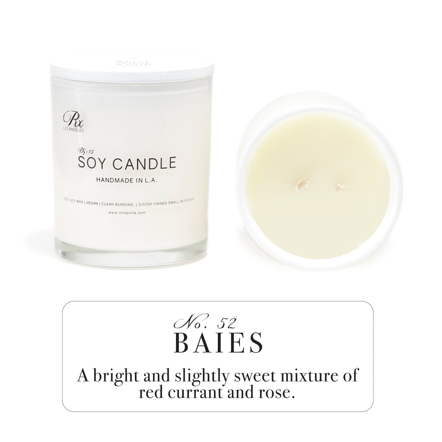 Fresh and fruity RXLA Baies soy candle—hand-poured in a 15oz white glass jar, non-toxic with a clean and uplifting berry fragrance.