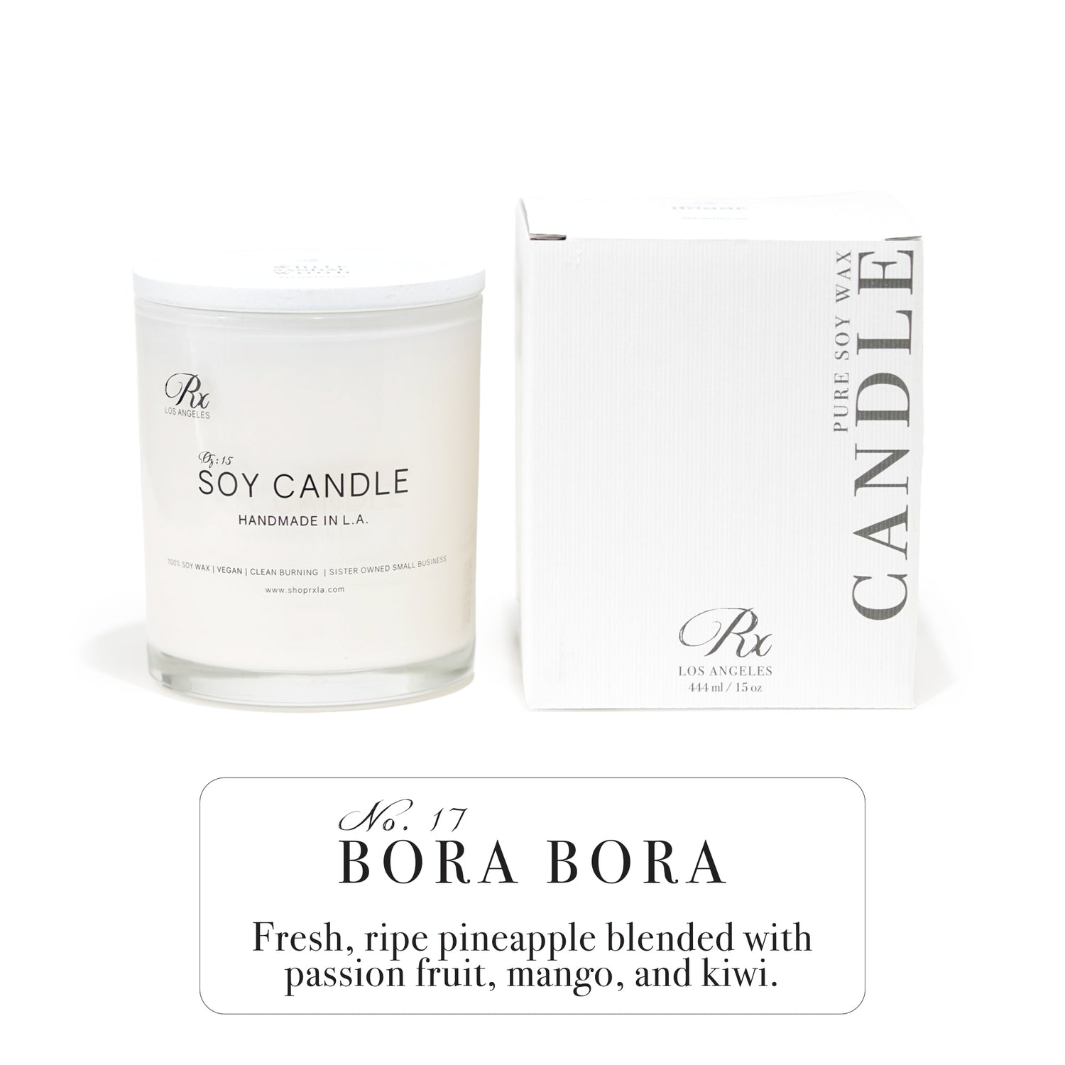 RXLA Bora Bora hand-poured soy candle in a 15oz white glass jar—non-toxic, featuring a tropical blend of jasmine and sea salt for a refreshing vibe.
