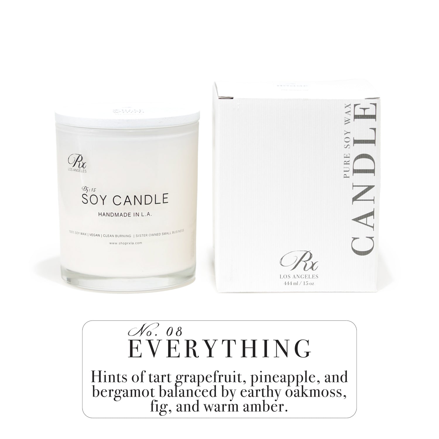 RXLA Everything hand-poured soy candle in a 15oz white glass jar—non-toxic, featuring five signature scents in one candle for a complex, luxurious aroma.
