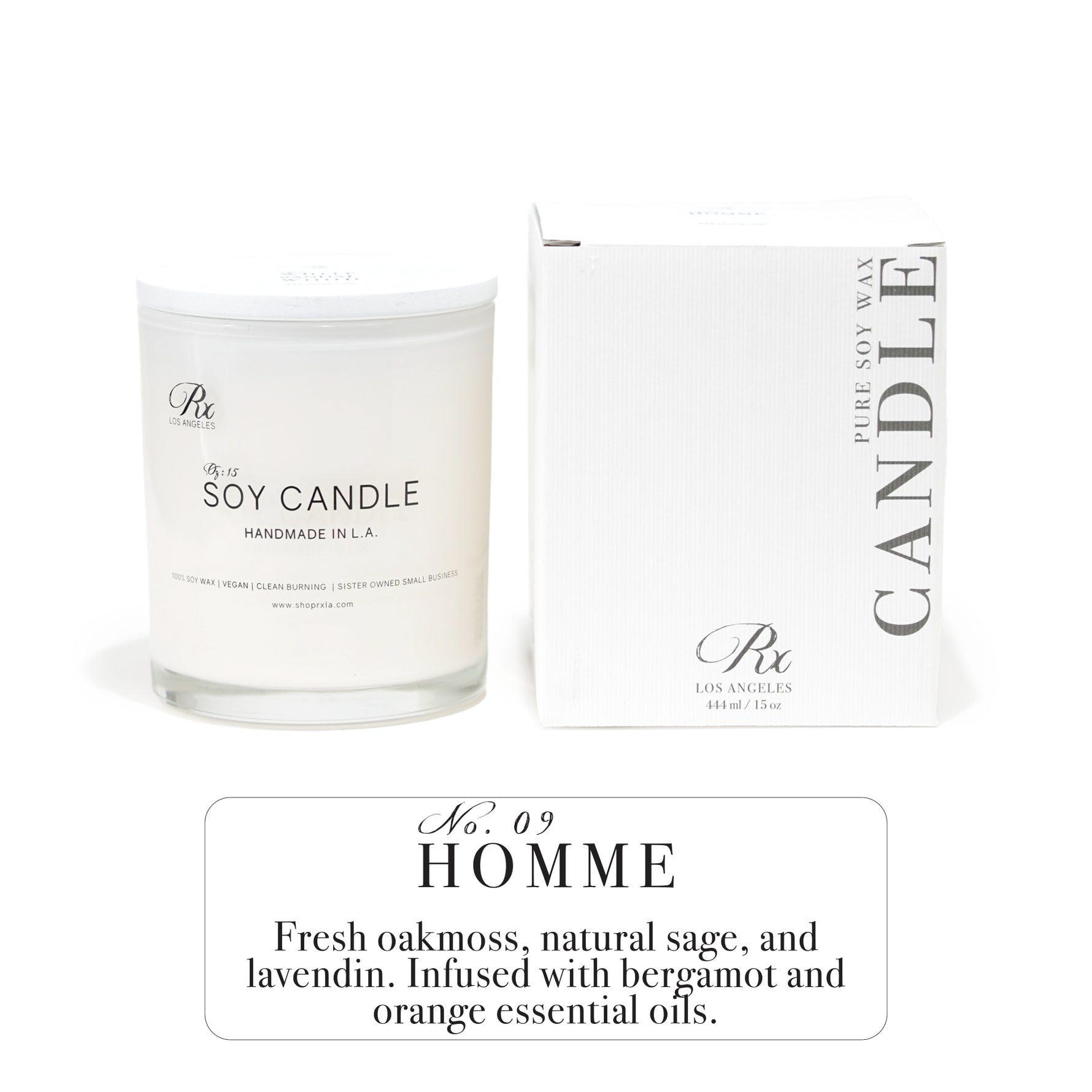 Homme soy candle by RXLA—15oz, hand-poured with non-toxic wax, offering a sophisticated fragrance with smoky woods and citrus.
