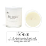 RXLA Homme hand-poured soy candle in a 15oz white glass jar—non-toxic, featuring smoky woods and musk for a bold, masculine scent.