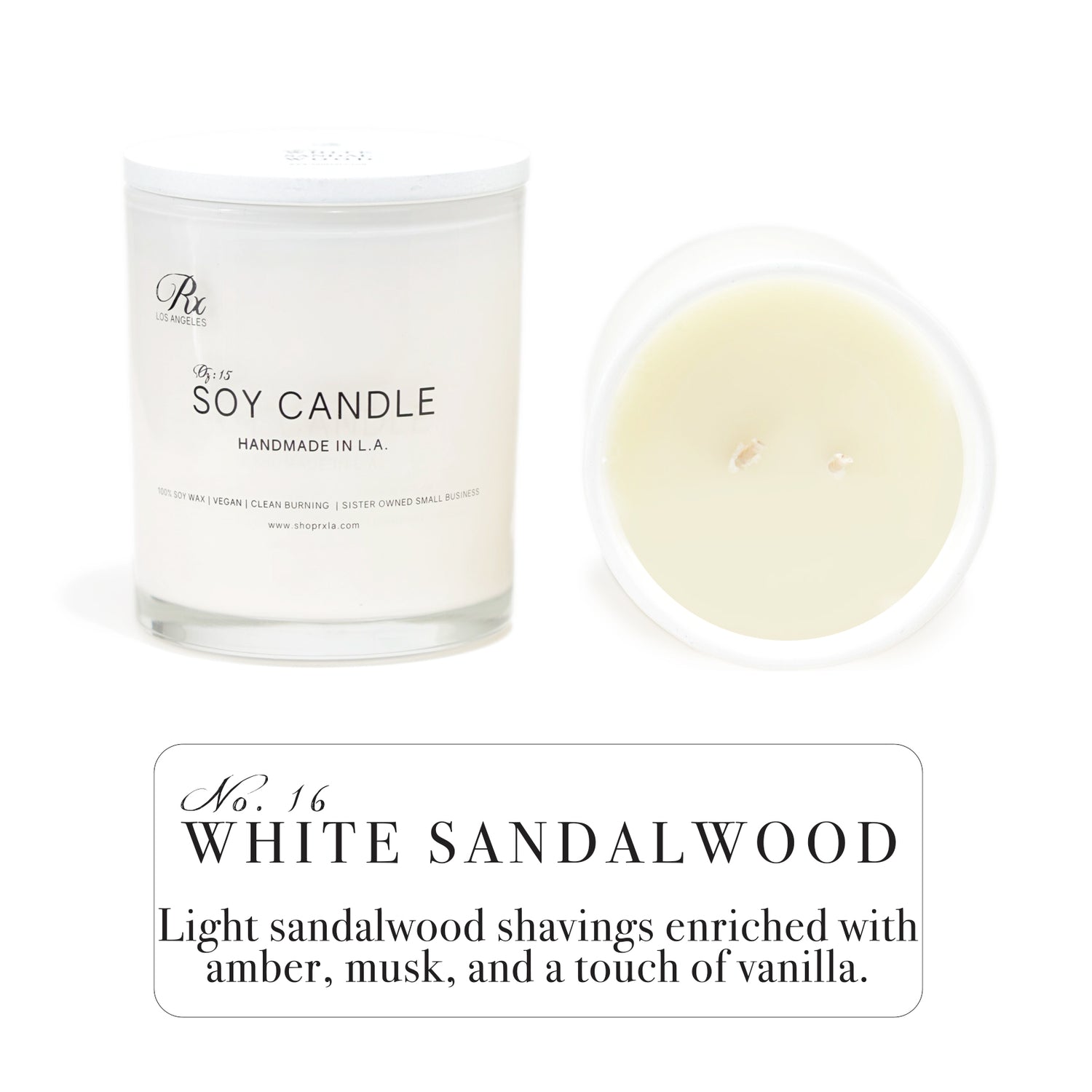 WHITE SANDALWOOD hand-poured luxury candle with warm sandalwood, amber, musk, and vanilla notes, creating a calming and sophisticated ambiance 