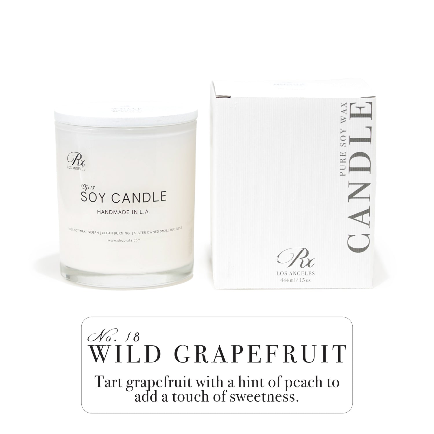 Hand-poured luxury candle with a fresh and bright scent of tart grapefruit and sweet peach, enhancing any space with a lively and invigorating aroma.
