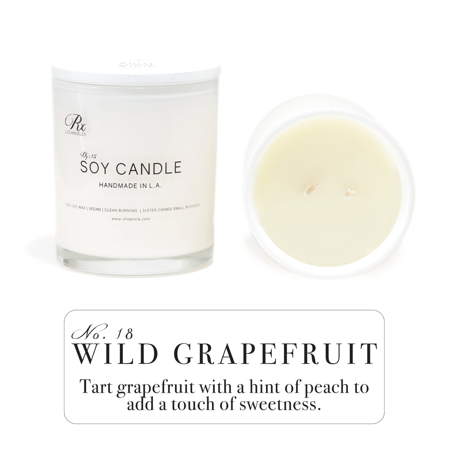 Hand-poured luxury candle with a fresh and bright scent of tart grapefruit and sweet peach, enhancing any space with a lively and invigorating aroma.
