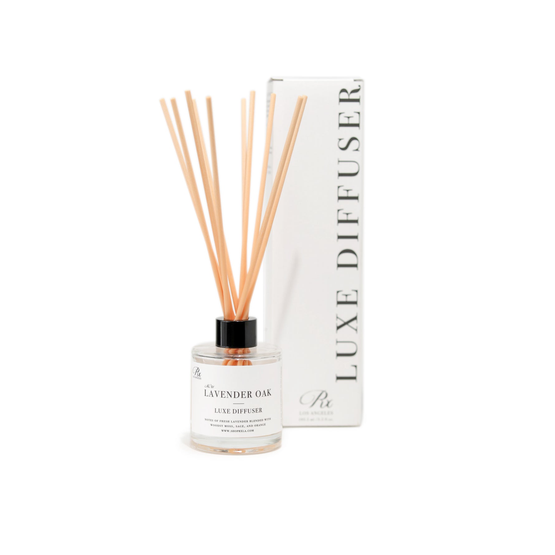 Lavender Oak diffuser with reeds, featuring a calming blend of French lavender, earthy moss, sage, and a hint of bright orange. This fragrance evokes a peaceful, natural retreat, perfect for relaxation and unwinding